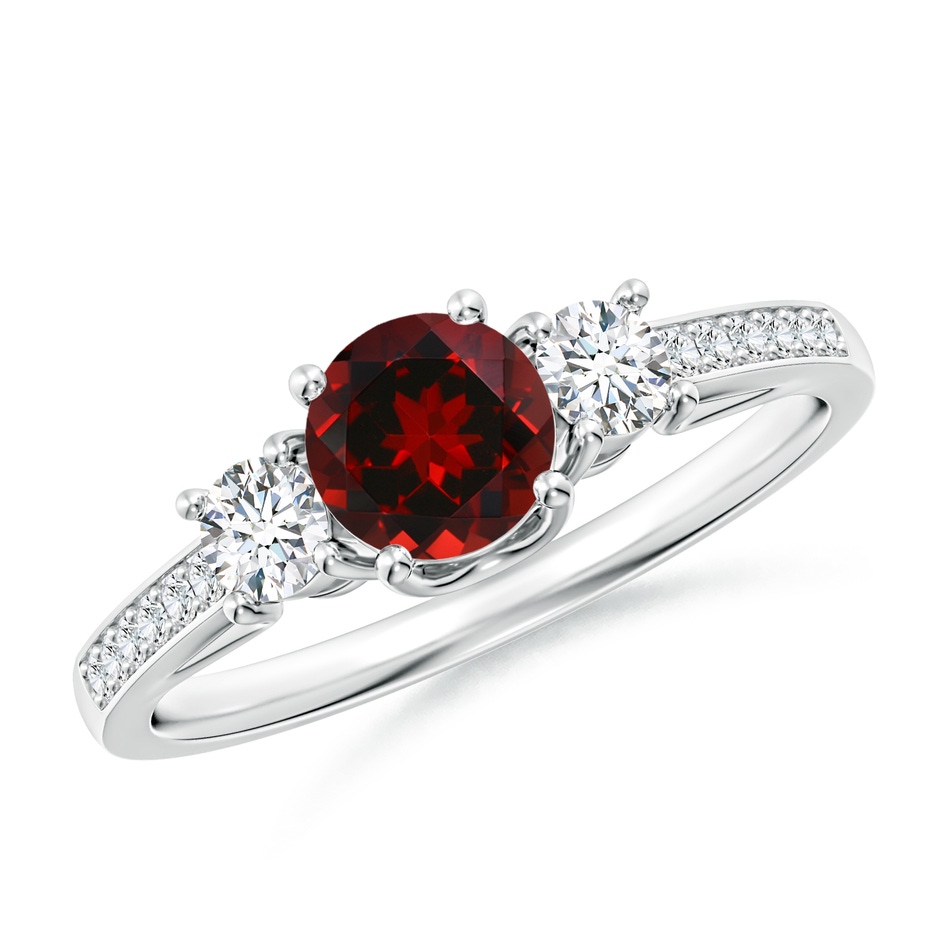 5mm AAAA Classic Prong Set Round Garnet and Diamond Three Stone Ring in 18K White Gold 