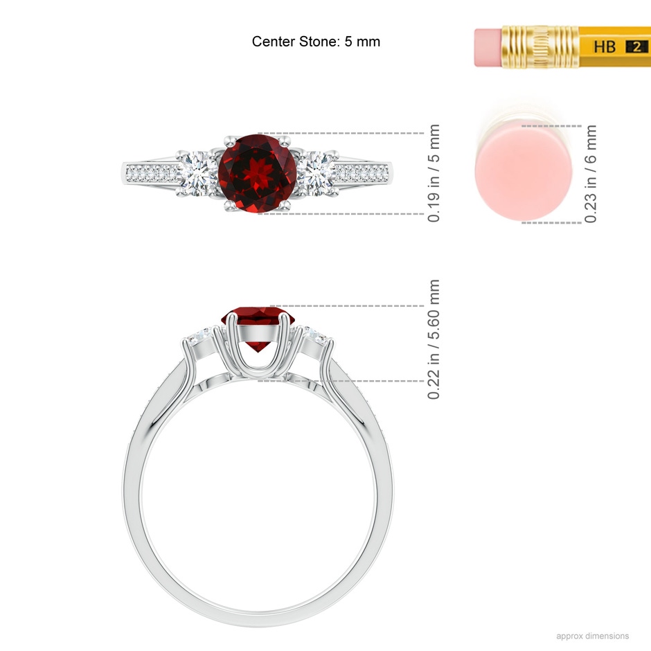 5mm AAAA Classic Prong Set Round Garnet and Diamond Three Stone Ring in 18K White Gold ruler