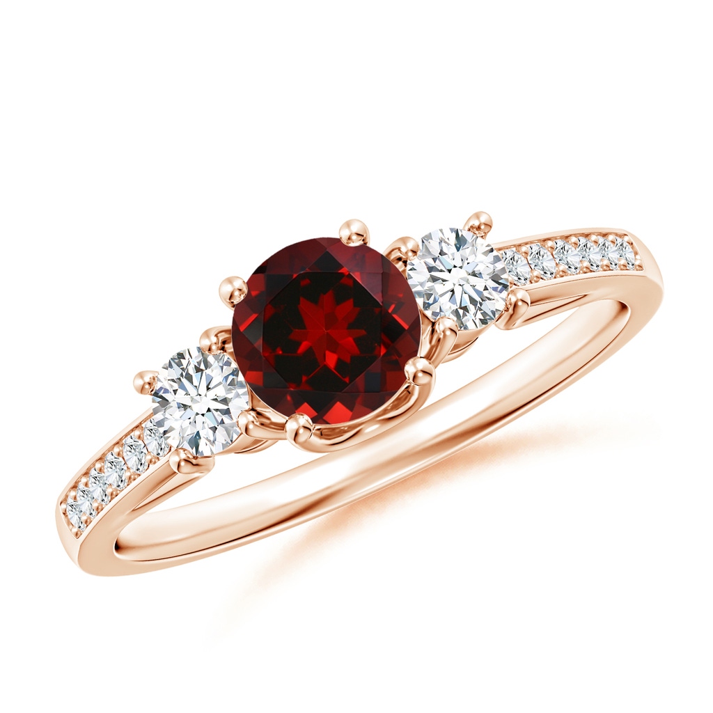 5mm AAAA Classic Prong Set Round Garnet and Diamond Three Stone Ring in Rose Gold