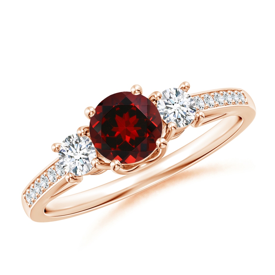 5mm AAAA Classic Prong Set Round Garnet and Diamond Three Stone Ring in Rose Gold 