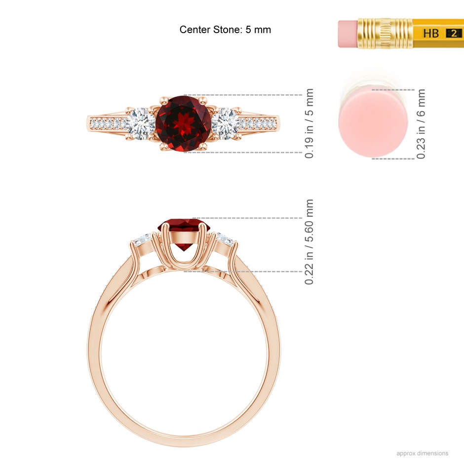 5mm AAAA Classic Prong Set Round Garnet and Diamond Three Stone Ring in Rose Gold ruler