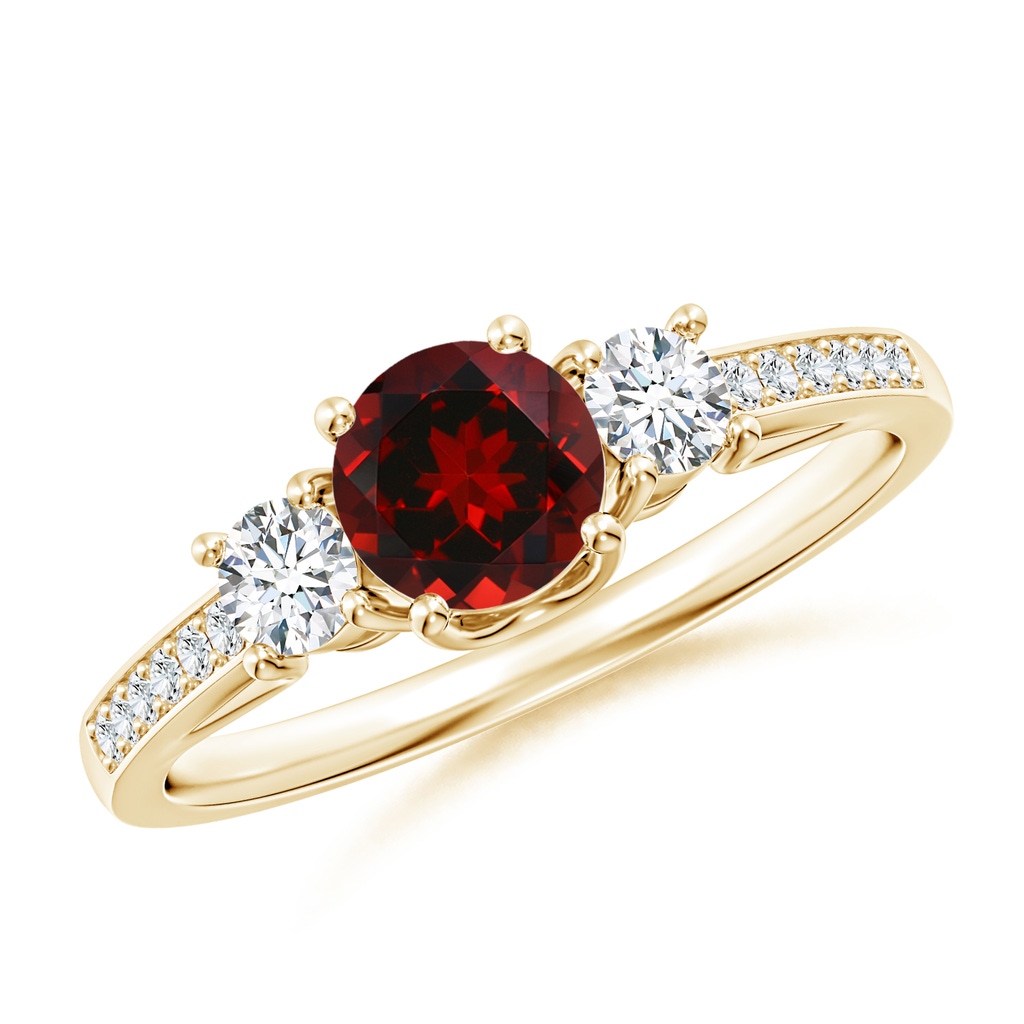 5mm AAAA Classic Prong Set Round Garnet and Diamond Three Stone Ring in Yellow Gold