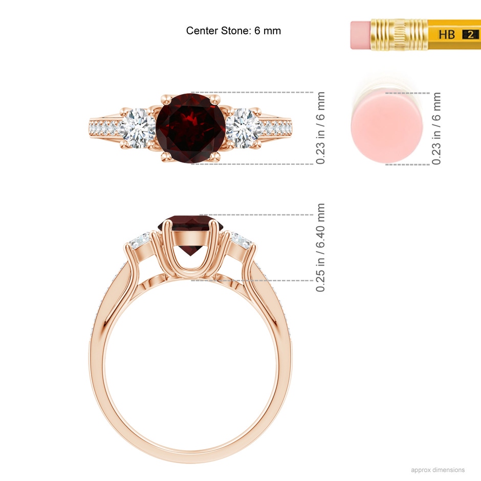 6mm A Classic Prong Set Round Garnet and Diamond Three Stone Ring in 18K Rose Gold ruler