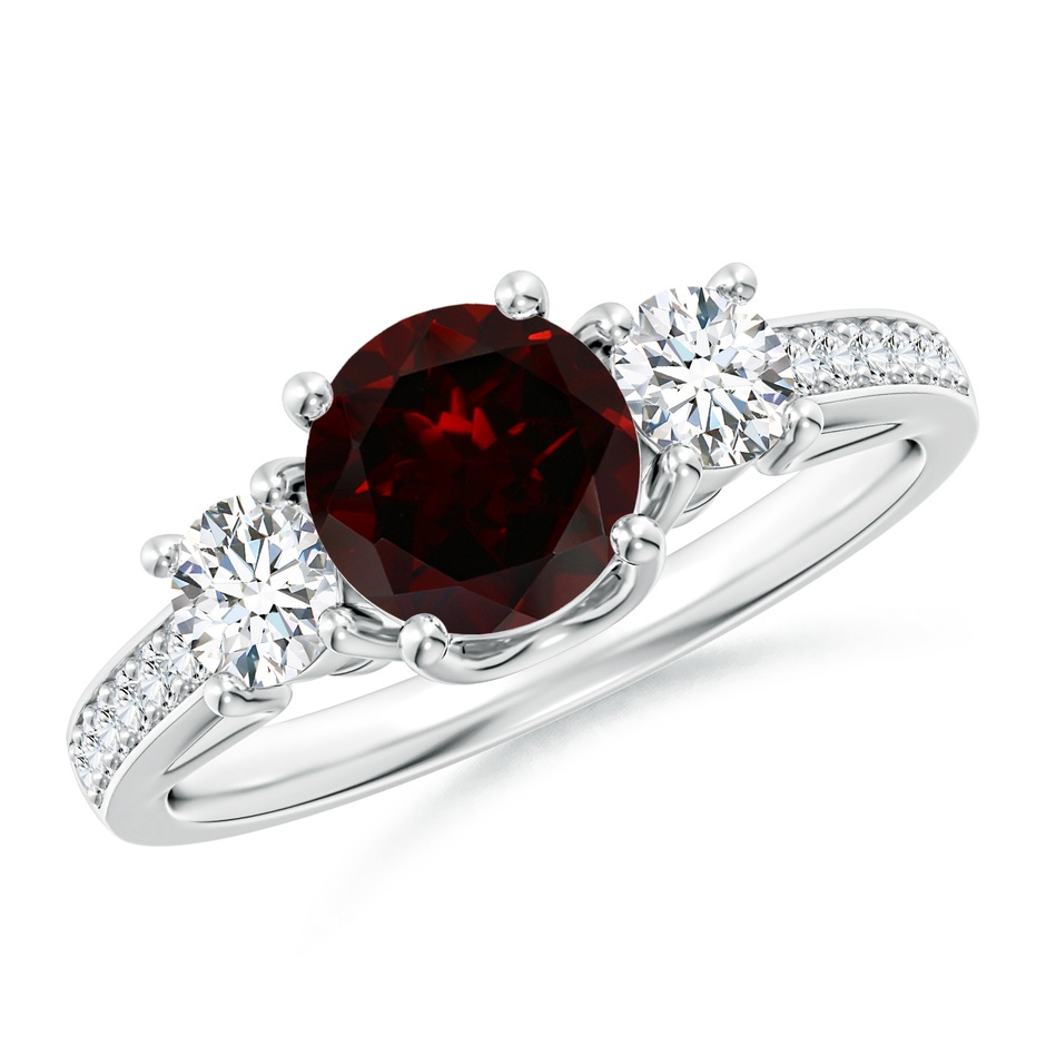6mm A Classic Prong Set Round Garnet and Diamond Three Stone Ring in 18K White Gold 