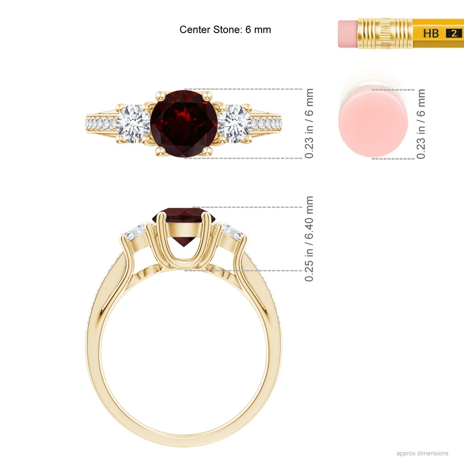 6mm A Classic Prong Set Round Garnet and Diamond Three Stone Ring in 18K Yellow Gold ruler