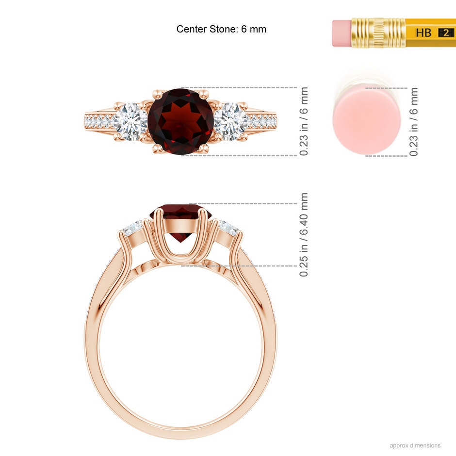 6mm AA Classic Prong Set Round Garnet and Diamond Three Stone Ring in Rose Gold ruler