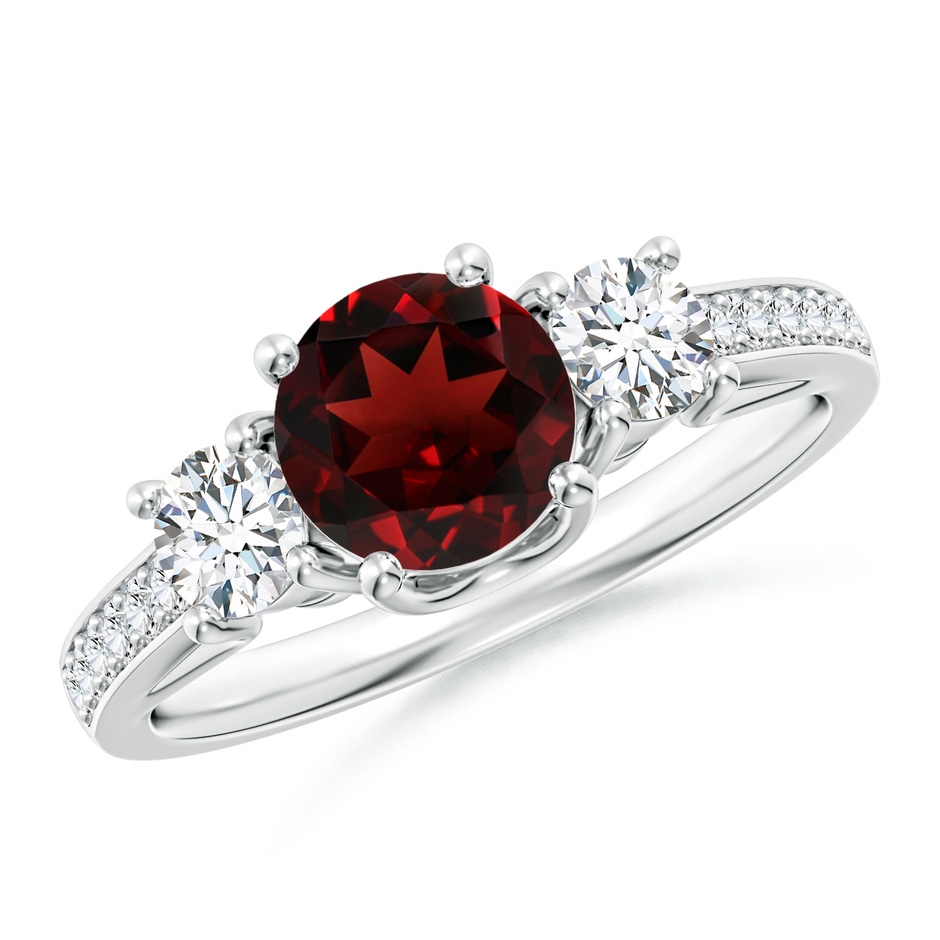6mm AAA Classic Prong Set Round Garnet and Diamond Three Stone Ring in White Gold 