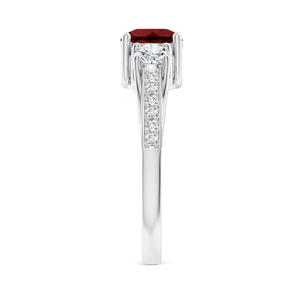 6mm AAA Classic Prong Set Round Garnet and Diamond Three Stone Ring in White Gold Body-Hand