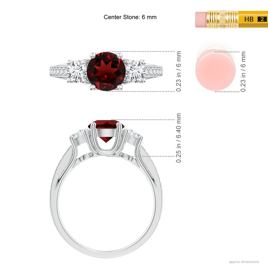 6mm AAA Classic Prong Set Round Garnet and Diamond Three Stone Ring in White Gold Ruler