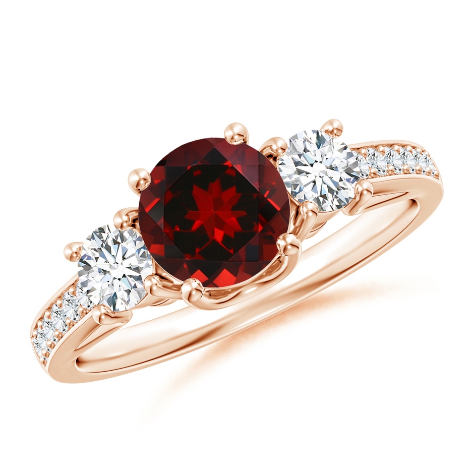6mm AAAA Classic Prong Set Round Garnet and Diamond Three Stone Ring in Rose Gold 