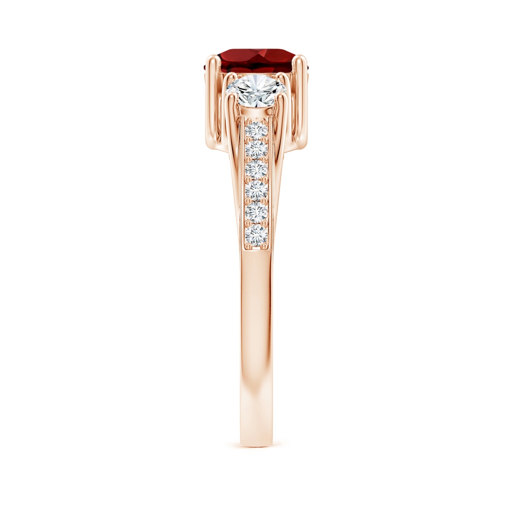 6mm AAAA Classic Prong Set Round Garnet and Diamond Three Stone Ring in Rose Gold Body-Hand