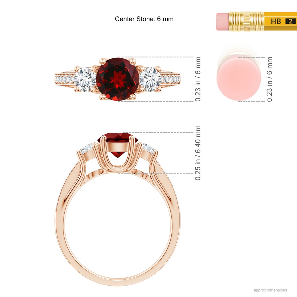6mm AAAA Classic Prong Set Round Garnet and Diamond Three Stone Ring in Rose Gold Ruler