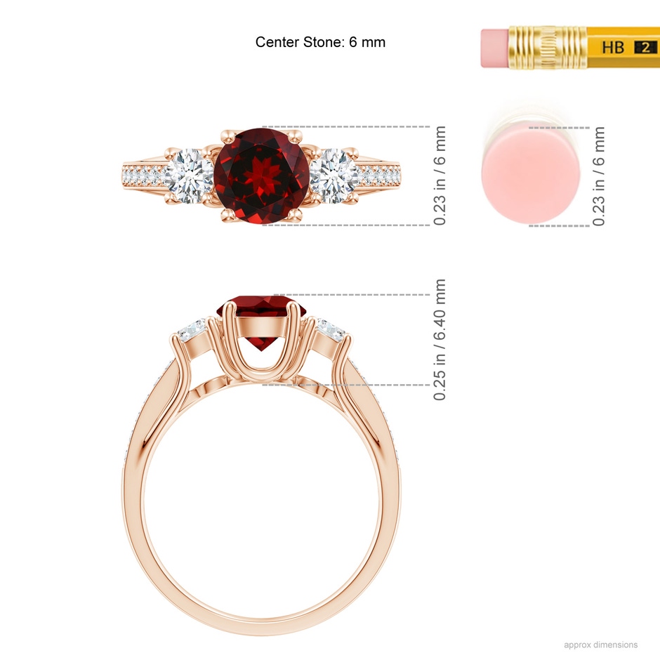 6mm AAAA Classic Prong Set Round Garnet and Diamond Three Stone Ring in Rose Gold ruler