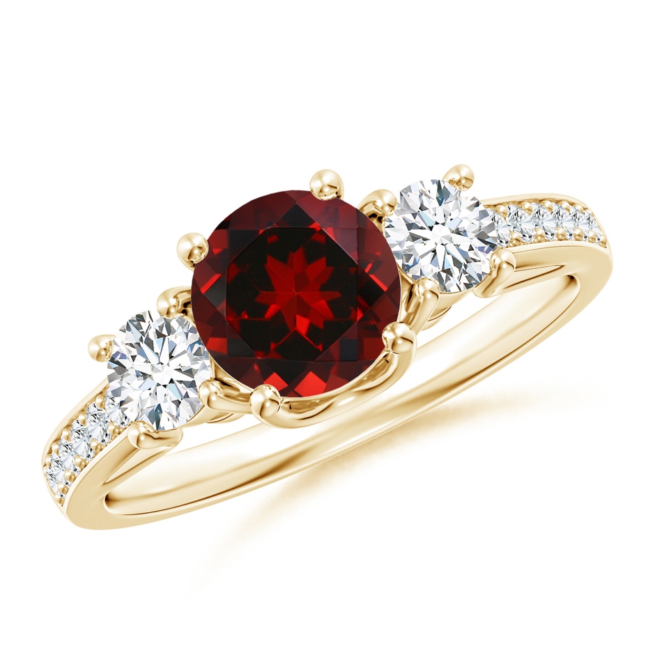 6mm AAAA Classic Prong Set Round Garnet and Diamond Three Stone Ring in Yellow Gold 