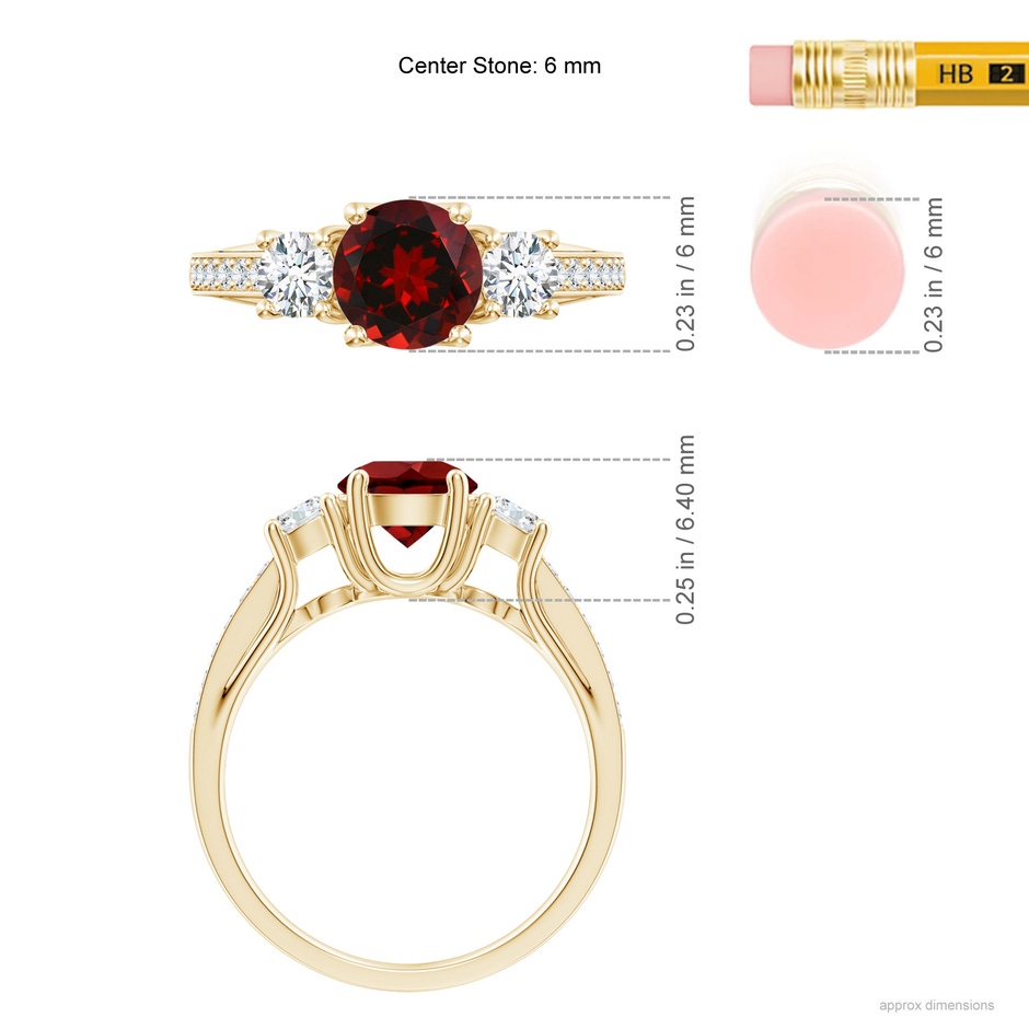 6mm AAAA Classic Prong Set Round Garnet and Diamond Three Stone Ring in Yellow Gold ruler