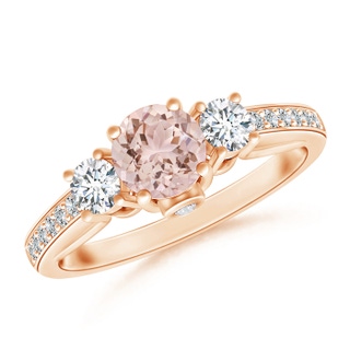 5mm AAA Classic Prong Set Round Morganite and Diamond Three Stone Ring in Rose Gold