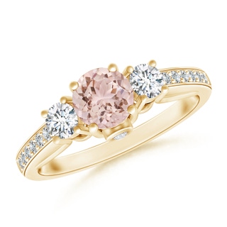 5mm AAA Classic Prong Set Round Morganite and Diamond Three Stone Ring in Yellow Gold