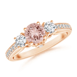 5mm AAAA Classic Prong Set Round Morganite and Diamond Three Stone Ring in Rose Gold