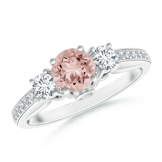 5mm AAAA Classic Prong Set Round Morganite and Diamond Three Stone Ring in White Gold