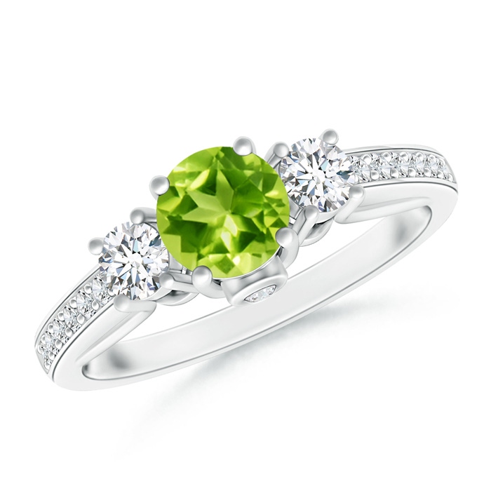 5mm AAA Classic Prong Set Round Peridot and Diamond Three Stone Ring in White Gold