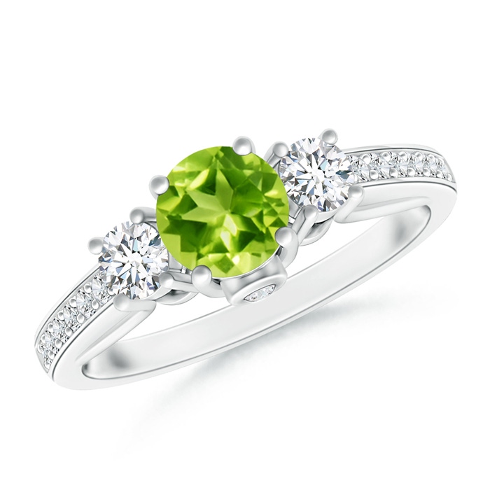 5mm AAA Classic Prong Set Round Peridot and Diamond Three Stone Ring in White Gold 