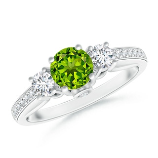 5mm AAAA Classic Prong Set Round Peridot and Diamond Three Stone Ring in White Gold