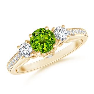 5mm AAAA Classic Prong Set Round Peridot and Diamond Three Stone Ring in Yellow Gold