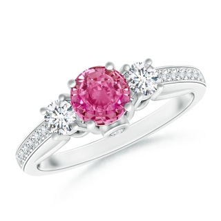 5mm AAA Classic Prong Set Round Pink Sapphire and Diamond Three Stone Ring in White Gold