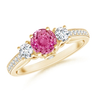 5mm AAA Classic Prong Set Round Pink Sapphire and Diamond Three Stone Ring in Yellow Gold