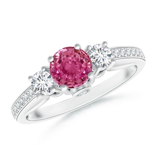 5mm AAAA Classic Prong Set Round Pink Sapphire and Diamond Three Stone Ring in P950 Platinum