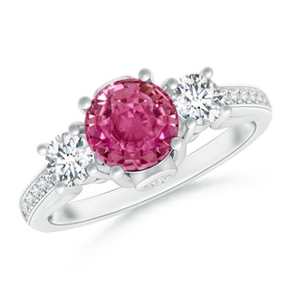 6mm AAAA Classic Prong Set Round Pink Sapphire and Diamond Three Stone Ring in White Gold