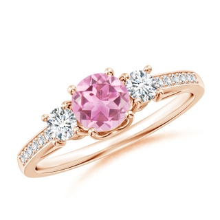 5mm AA Classic Prong Set Round Pink Tourmaline and Diamond Three Stone Ring in Rose Gold
