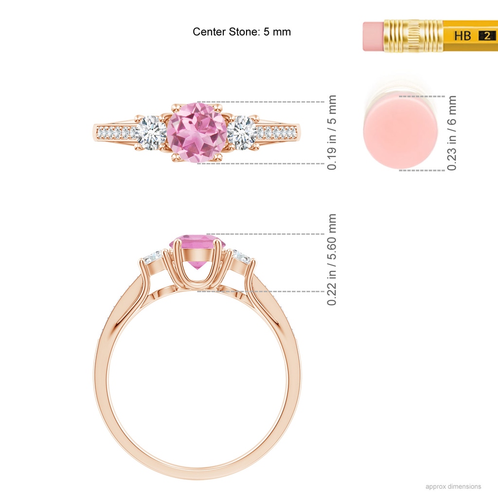 5mm AA Classic Prong Set Round Pink Tourmaline and Diamond Three Stone Ring in Rose Gold ruler