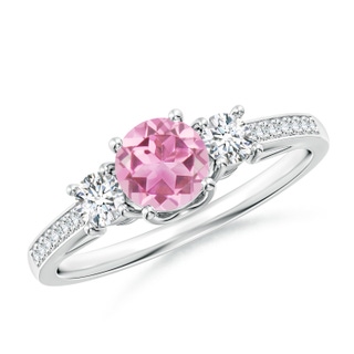 5mm AA Classic Prong Set Round Pink Tourmaline and Diamond Three Stone Ring in White Gold
