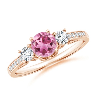 5mm AAA Classic Prong Set Round Pink Tourmaline and Diamond Three Stone Ring in Rose Gold