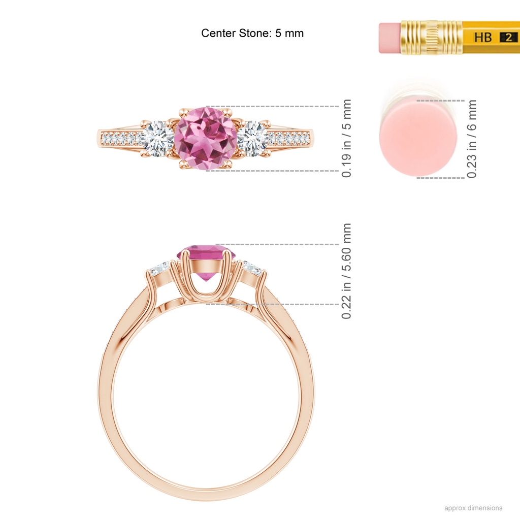 5mm AAA Classic Prong Set Round Pink Tourmaline and Diamond Three Stone Ring in Rose Gold ruler