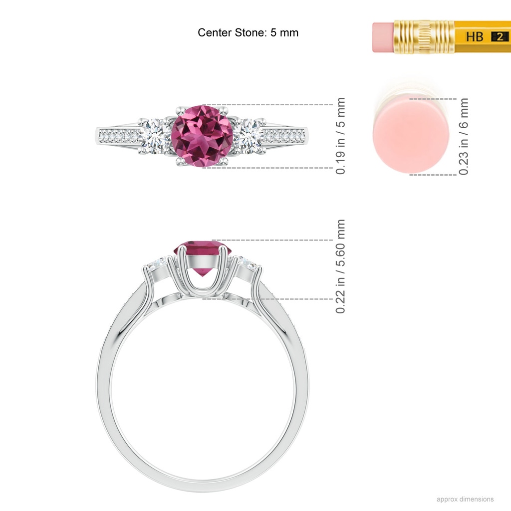 5mm AAAA Classic Prong Set Round Pink Tourmaline and Diamond Three Stone Ring in P950 Platinum ruler