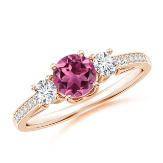5mm AAAA Classic Prong Set Round Pink Tourmaline and Diamond Three Stone Ring in Rose Gold