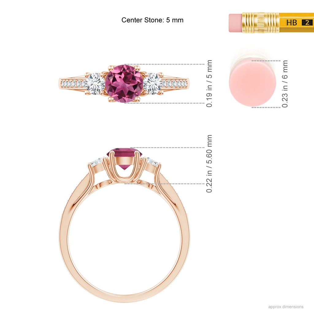 5mm AAAA Classic Prong Set Round Pink Tourmaline and Diamond Three Stone Ring in Rose Gold ruler