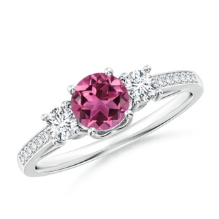 5mm AAAA Classic Prong Set Round Pink Tourmaline and Diamond Three Stone Ring in White Gold