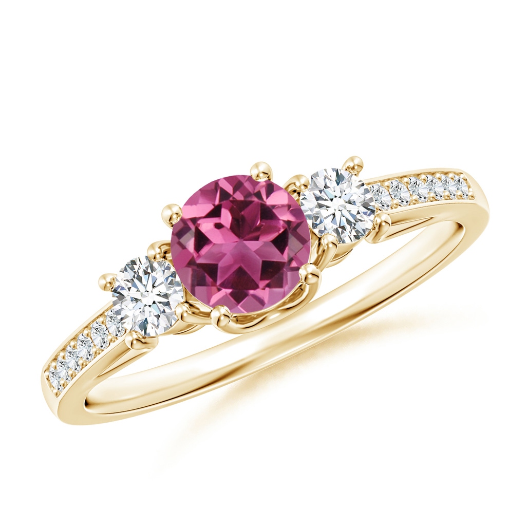 5mm AAAA Classic Prong Set Round Pink Tourmaline and Diamond Three Stone Ring in Yellow Gold
