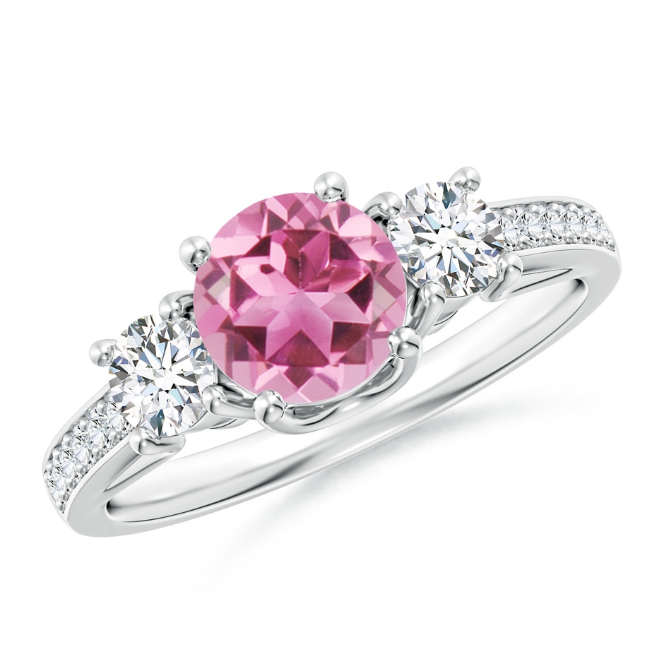 6mm AAA Classic Prong Set Round Pink Tourmaline and Diamond Three Stone Ring in White Gold 