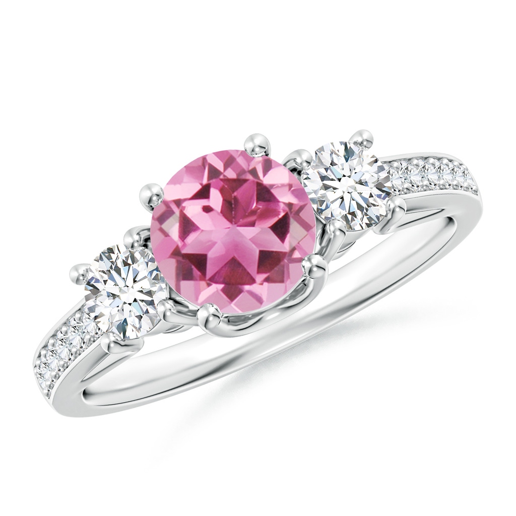 6mm AAA Classic Prong Set Round Pink Tourmaline and Diamond Three Stone Ring in White Gold