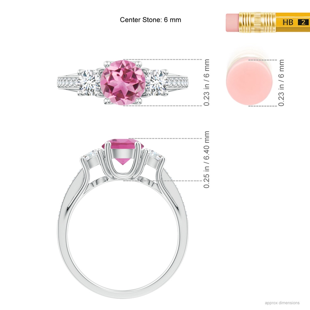 6mm AAA Classic Prong Set Round Pink Tourmaline and Diamond Three Stone Ring in White Gold ruler