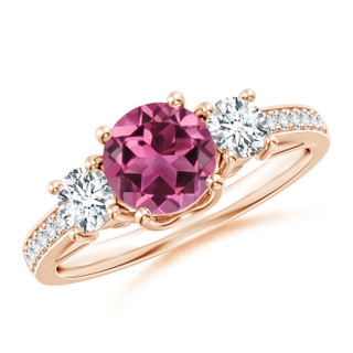 6mm AAAA Classic Prong Set Round Pink Tourmaline and Diamond Three Stone Ring in Rose Gold