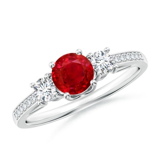 5mm AAA Classic Prong Set Ruby and Diamond Three Stone Ring in White Gold