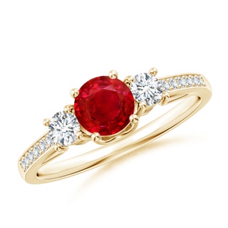 5mm AAA Classic Prong Set Ruby and Diamond Three Stone Ring in Yellow Gold