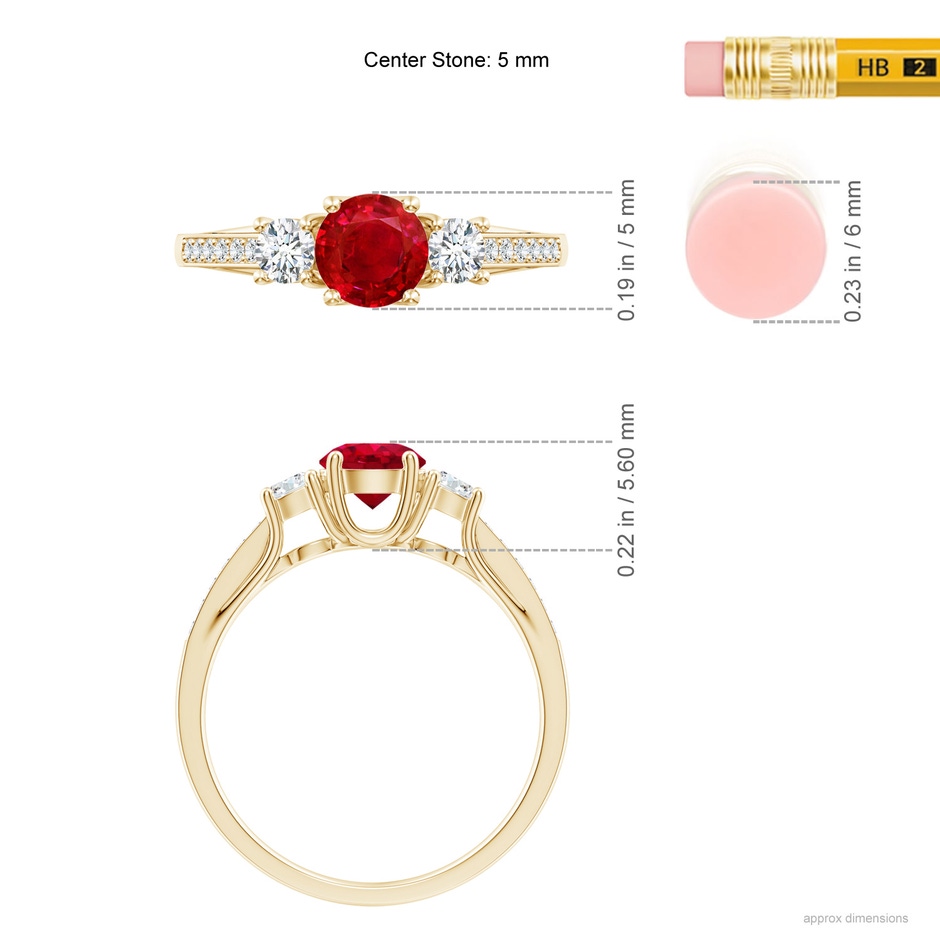 5mm AAA Classic Prong Set Ruby and Diamond Three Stone Ring in Yellow Gold ruler