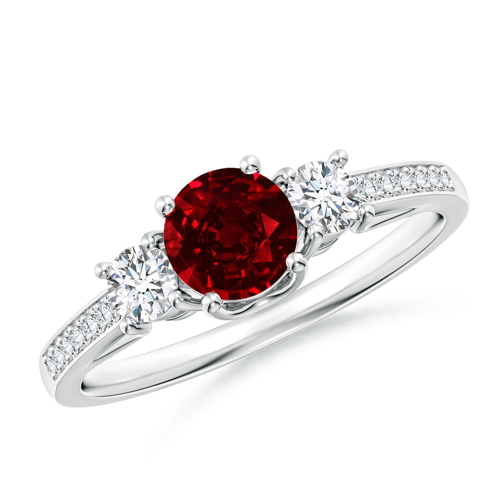 5mm AAAA Classic Prong Set Ruby and Diamond Three Stone Ring in White Gold