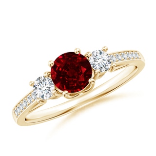 5mm AAAA Classic Prong Set Ruby and Diamond Three Stone Ring in Yellow Gold